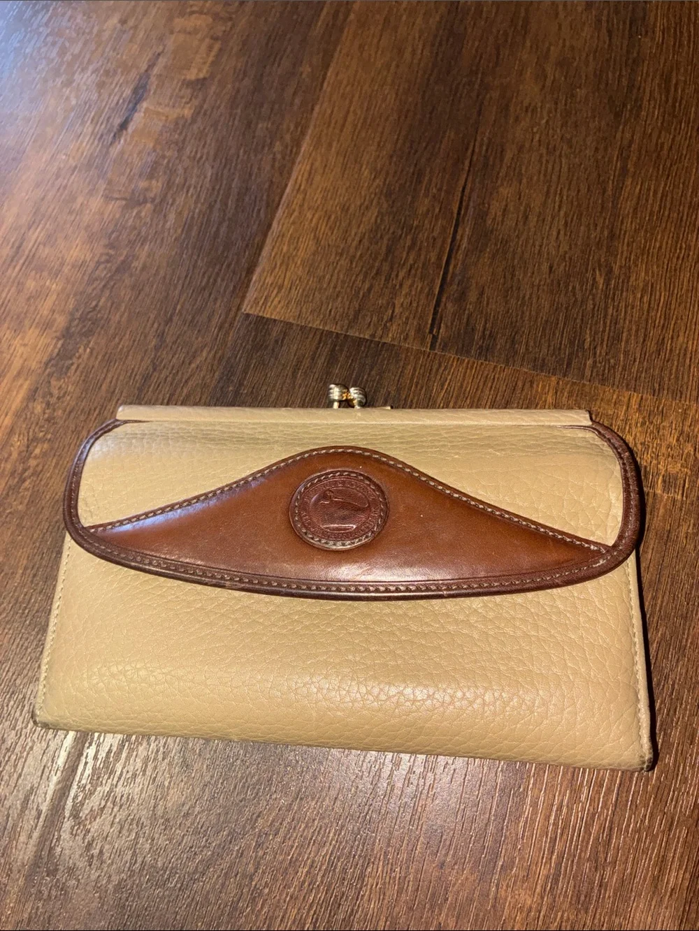 Vintage Dooney & Bourke Leather Kiss-Lock Wallet Taupe with Brown Trim